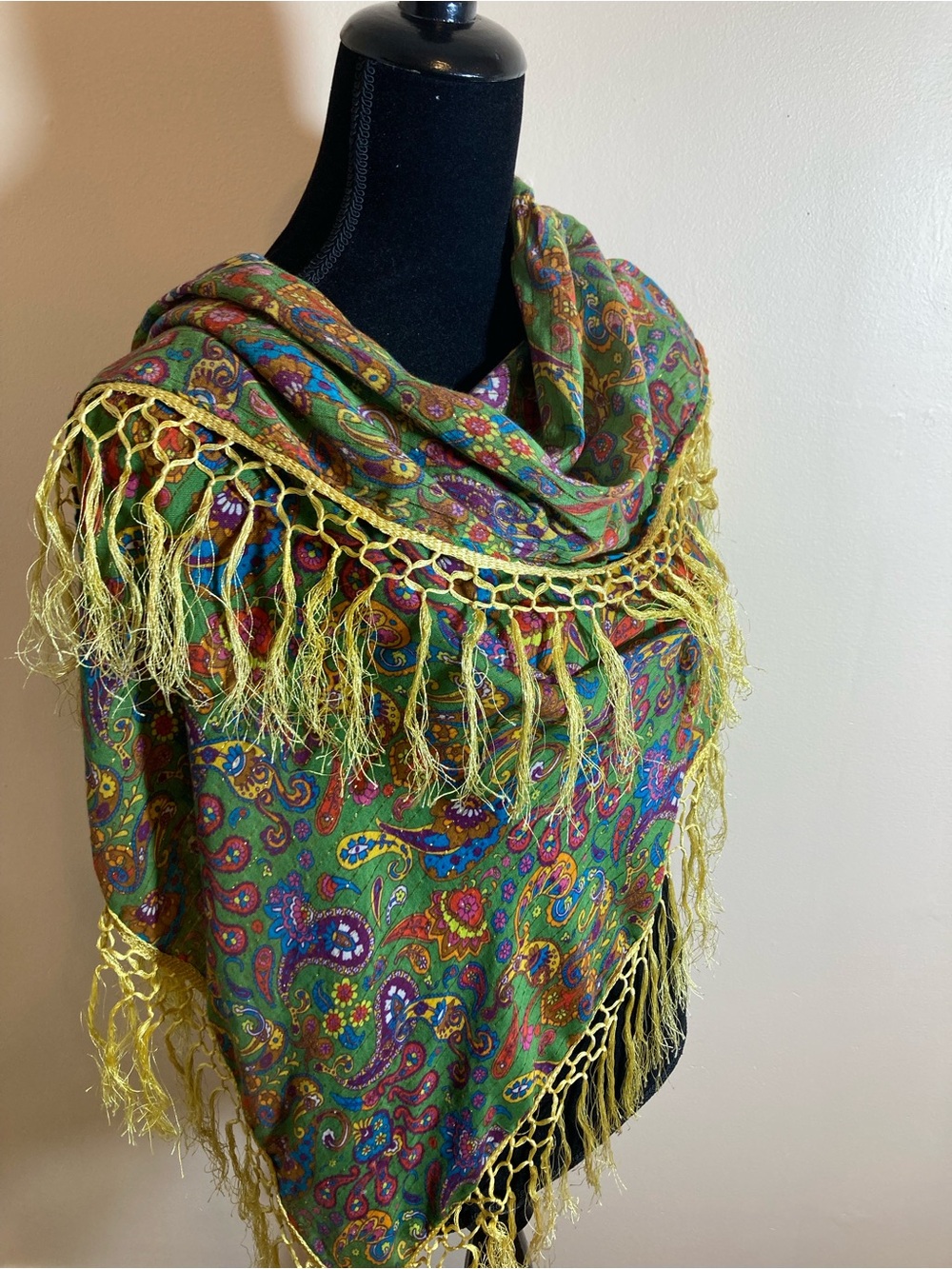 Green Paisley Fringe Wrap Scarf with Yellow Trim
